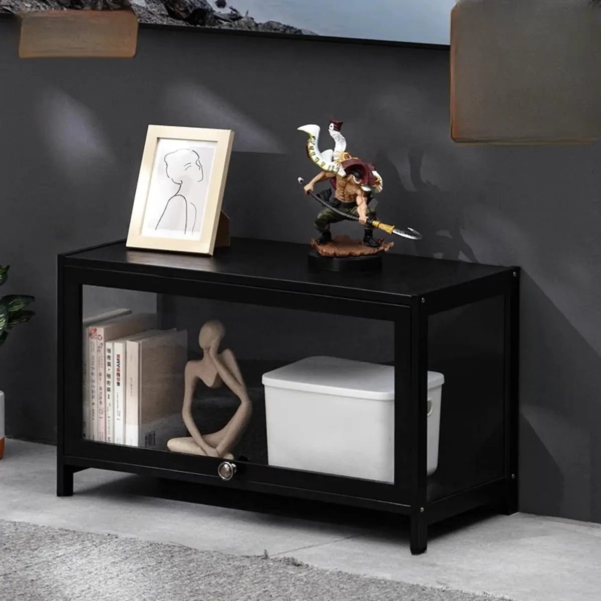 Black Wood Rectangle Display TV Stand with Cabinet