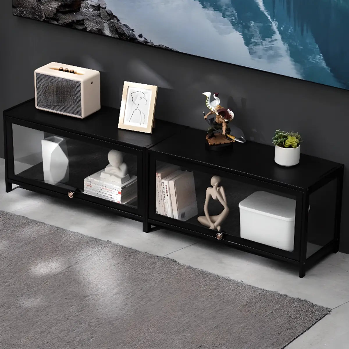 Black Wood Rectangle Display TV Stand with Cabinet