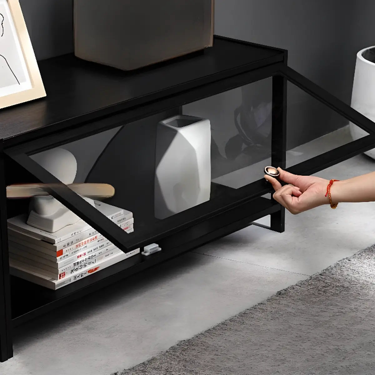 Black Wood Rectangle Display TV Stand with Cabinet