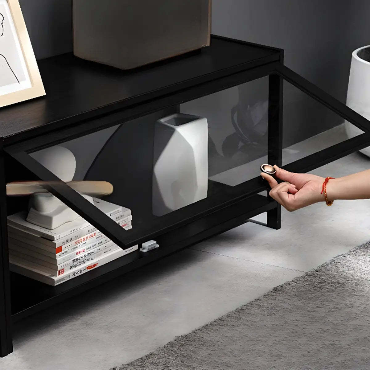 Black Wood Rectangle Display TV Stand with Cabinet