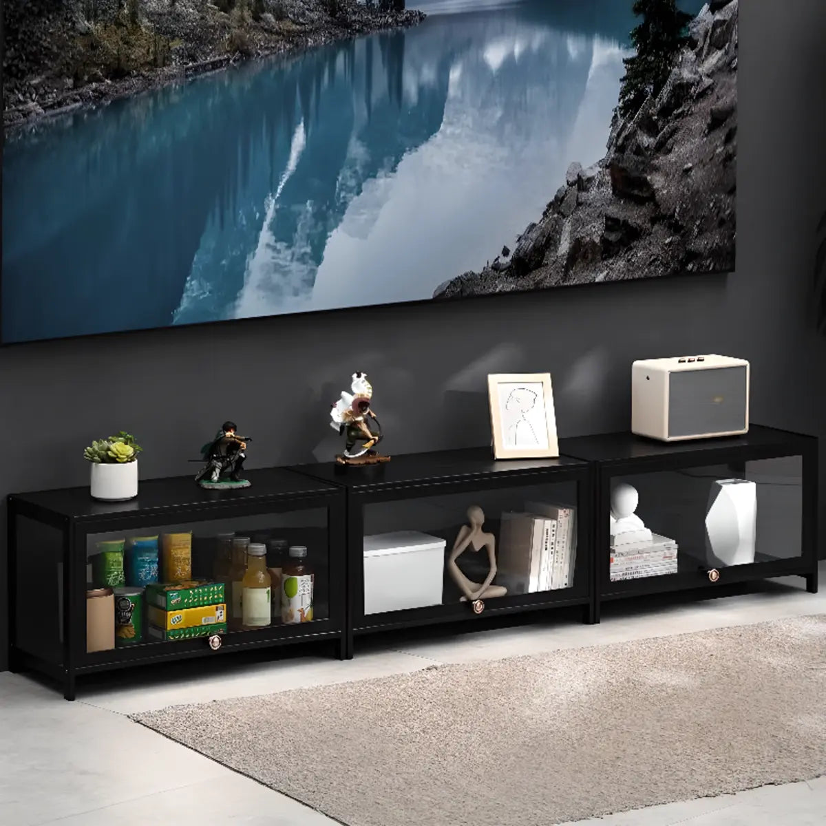 Black Wood Rectangle Display TV Stand with Cabinet
