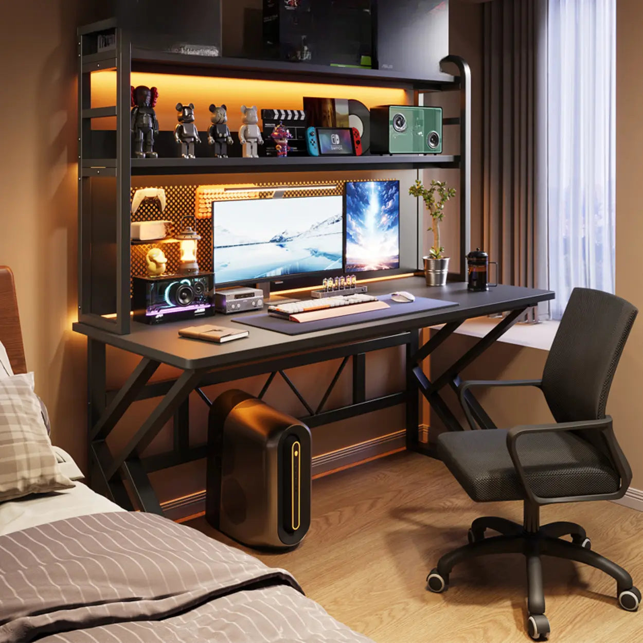 Black Wood Computer Desk with Shelves and Hutch — Black