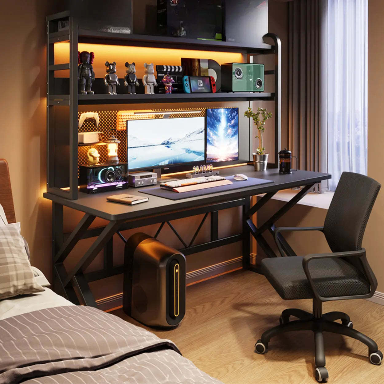 Black Wood Computer Desk with Shelves and Hutch — Black