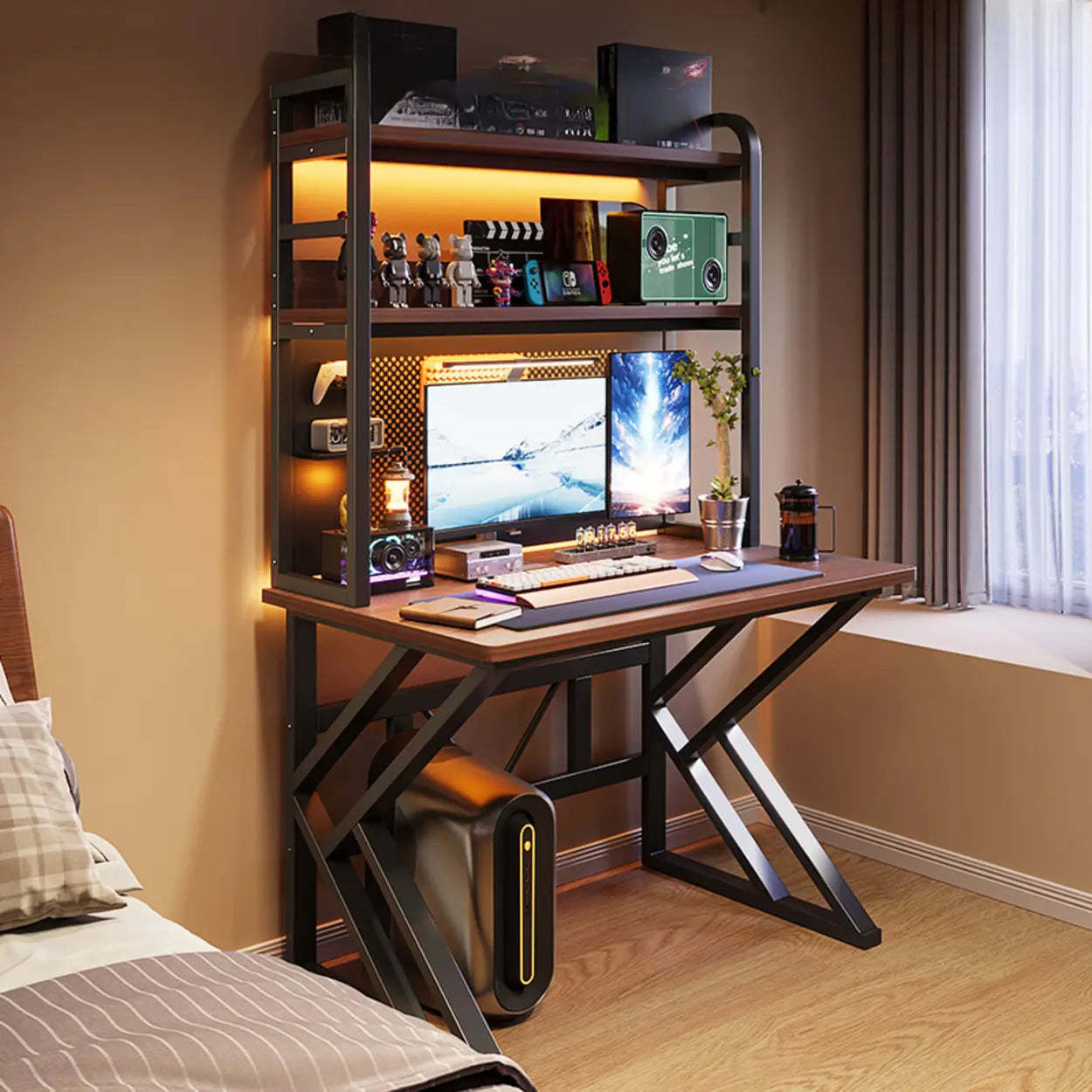 Black Wood Computer Desk with Shelves and Hutch — Black