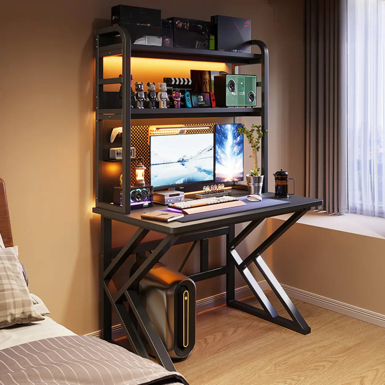 Black Wood Computer Desk with Shelves and Hutch — Black
