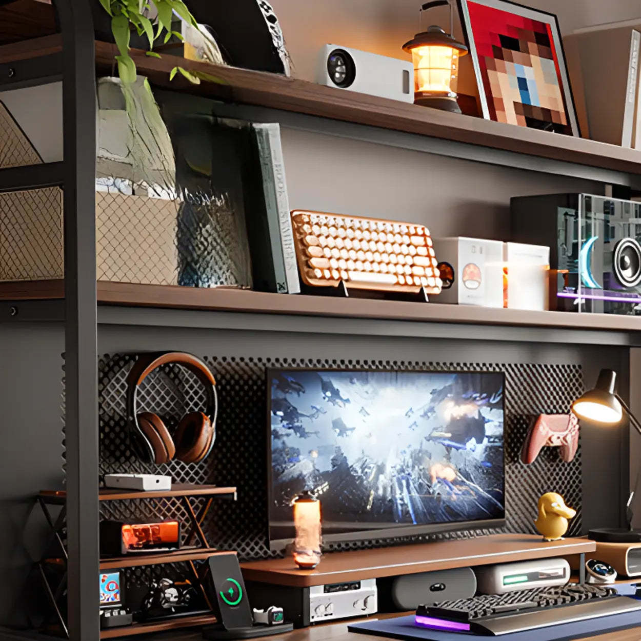 Black Wood Computer Desk with Shelves and Hutch — Black