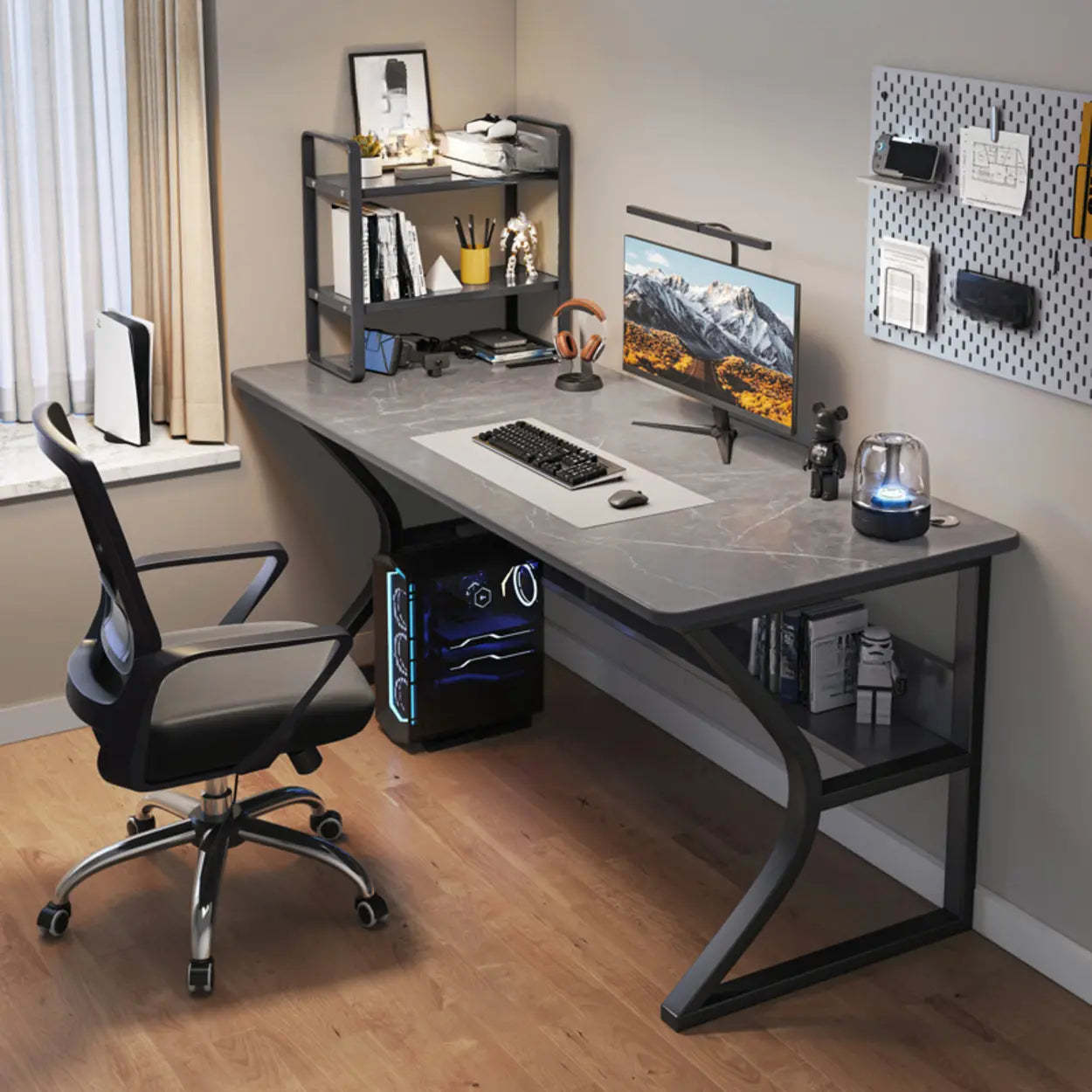 Black Wood Rectangular Computer Desk with Shelves — Black / Table Only