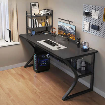 Black Wood Rectangular Computer Desk with Shelves — Grey / Table Only