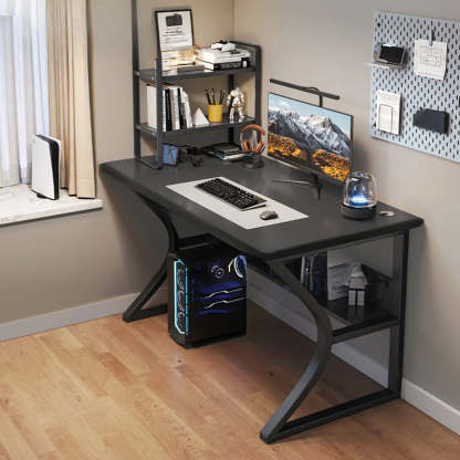 Black Wood Rectangular Computer Desk with Shelves