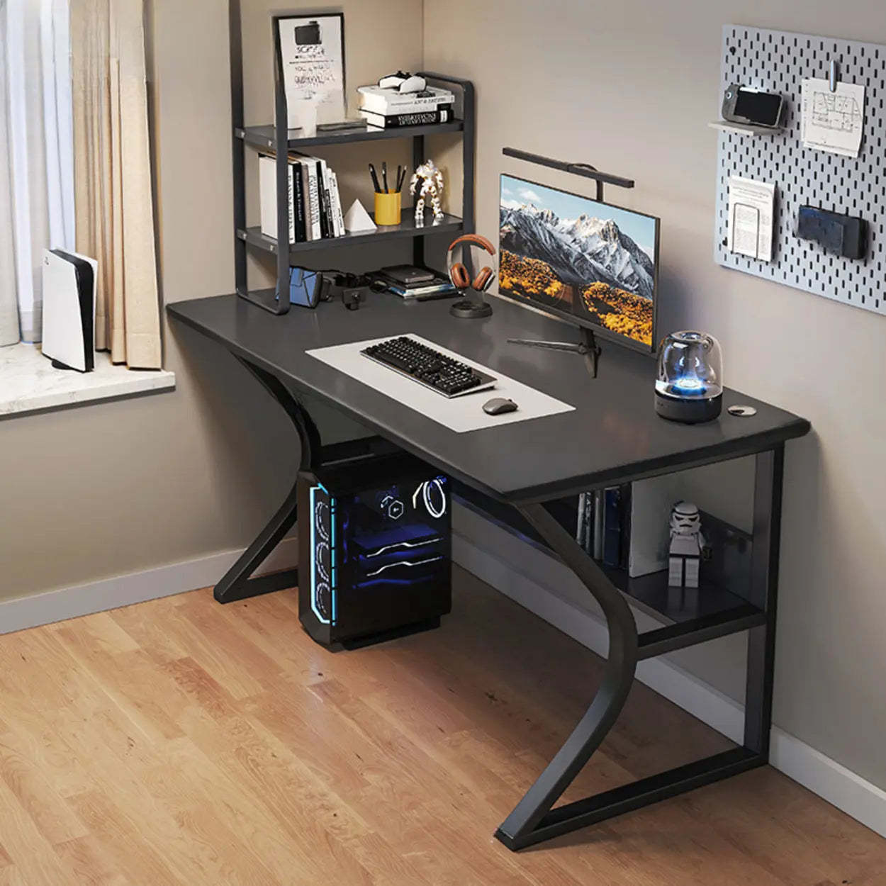 Black Wood Rectangular Computer Desk with Shelves