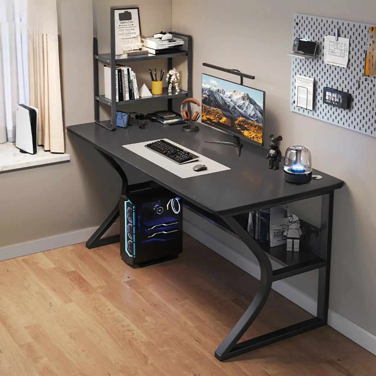 Black Wood Rectangular Computer Desk with Shelves
