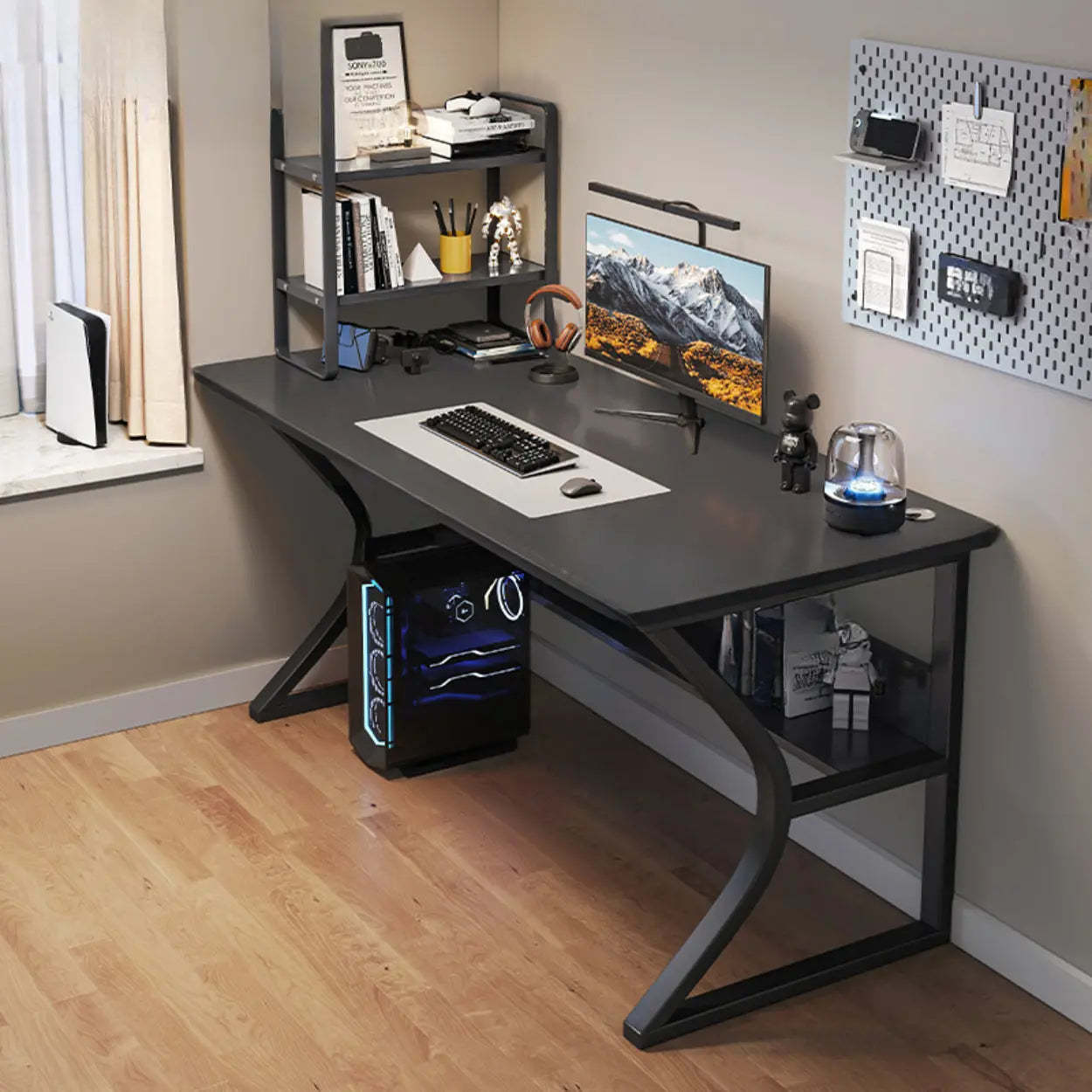 Black Wood Rectangular Computer Desk with Shelves