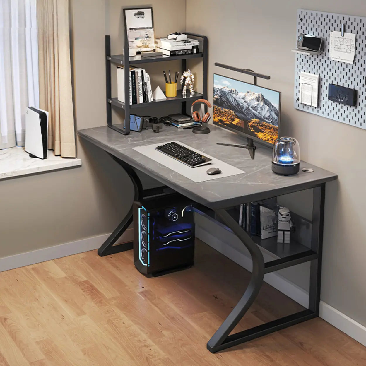 Black Wood Rectangular Computer Desk with Shelves