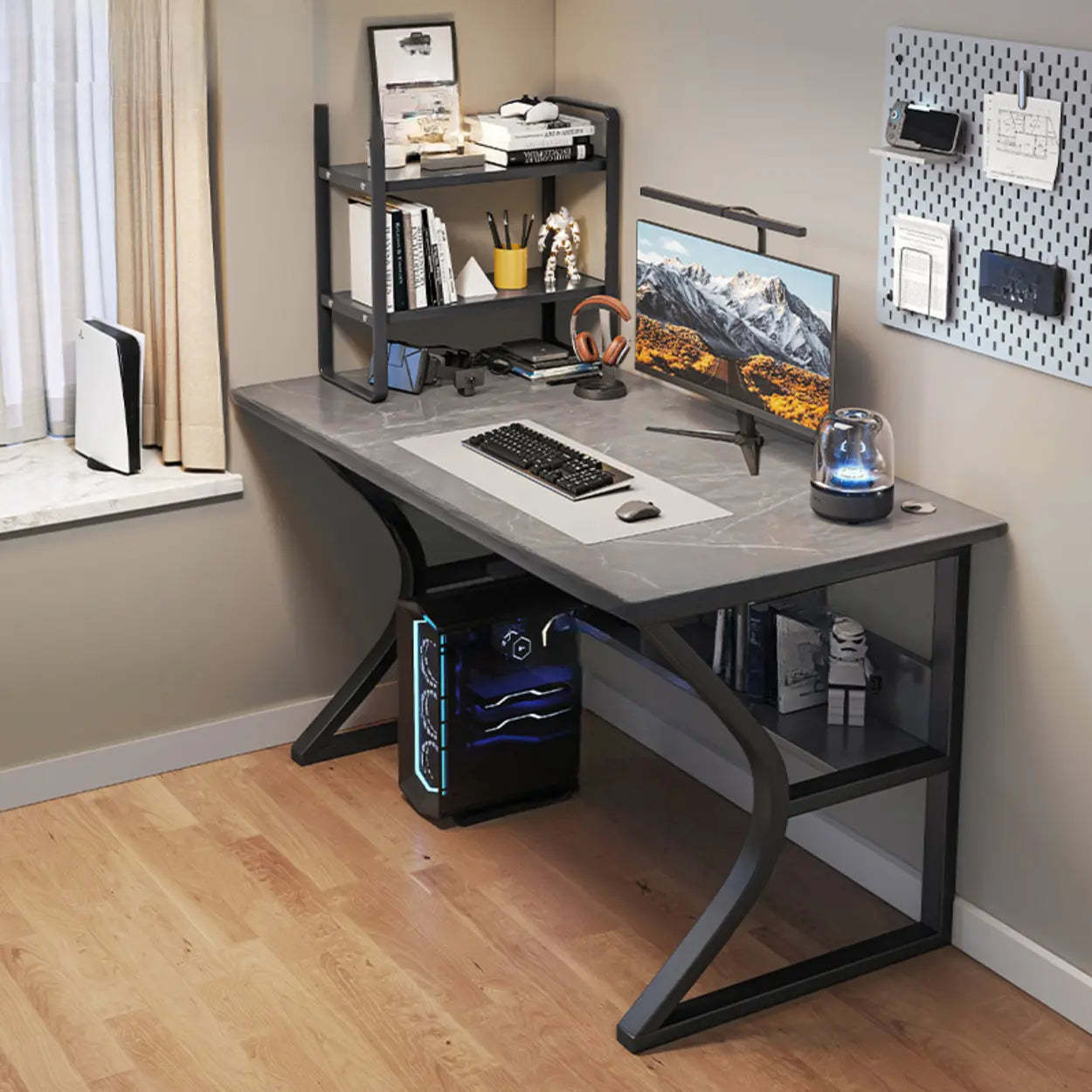 Black Wood Rectangular Computer Desk with Shelves