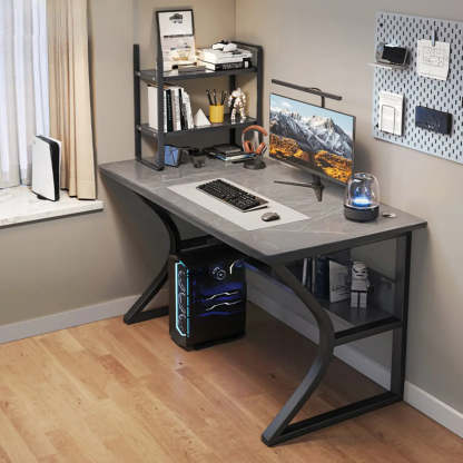 Black Wood Rectangular Computer Desk with Shelves