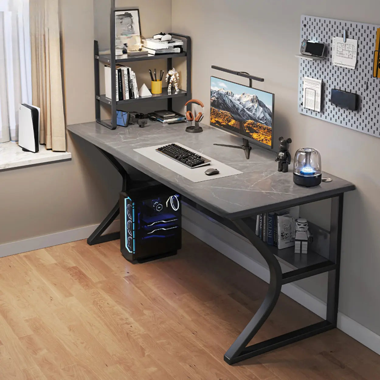 Black Wood Rectangular Computer Desk with Shelves — Black / Table Only