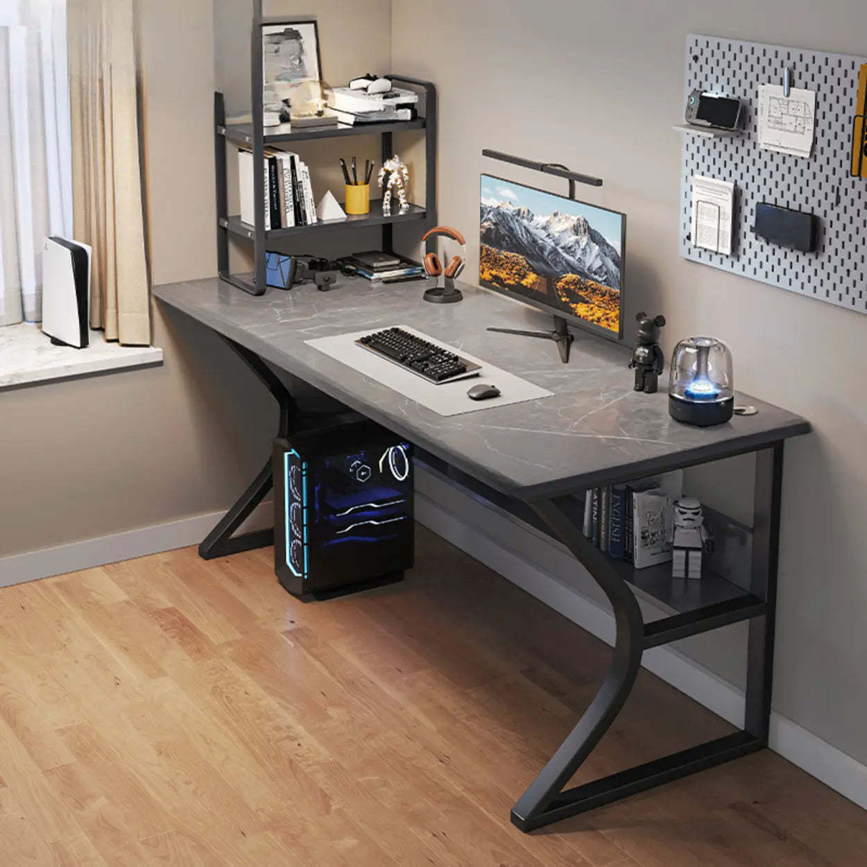 Black Wood Rectangular Computer Desk with Shelves — Black / Table Only