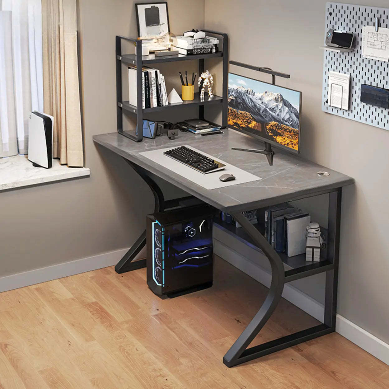 Black Wood Rectangular Computer Desk with Shelves — Black / Table Only