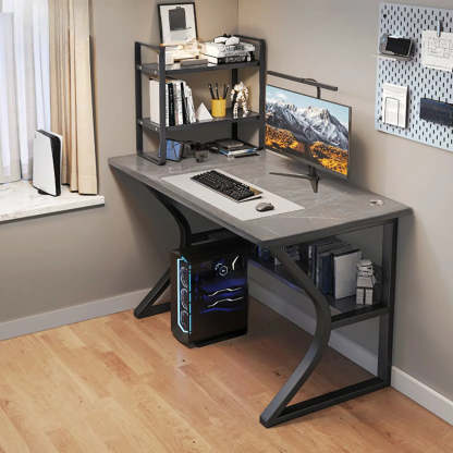 Black Wood Rectangular Computer Desk with Shelves — Black / Table Only