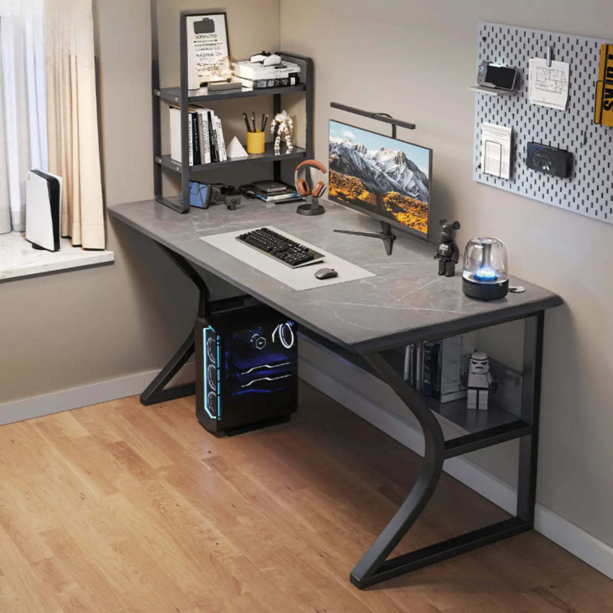 Black Wood Rectangular Computer Desk with Shelves — Black / Table Only