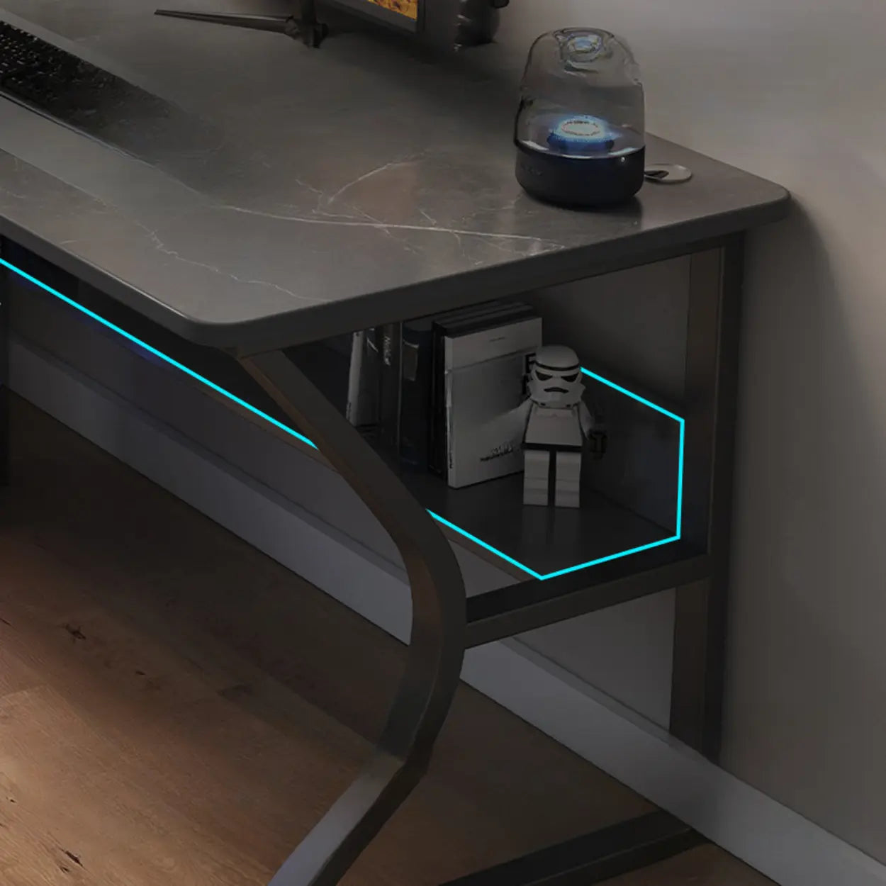 Black Wood Rectangular Computer Desk with Shelves — Grey / Table Only