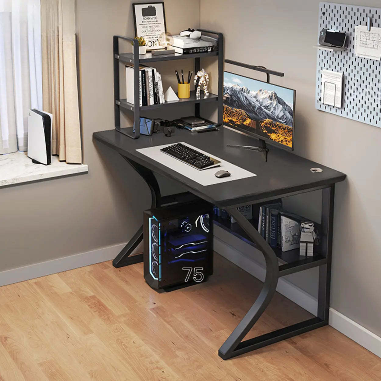 Black Wood Rectangular Computer Desk with Shelves — Grey / Table Only