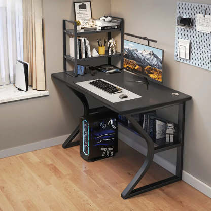 Black Wood Rectangular Computer Desk with Shelves — Grey / Table Only