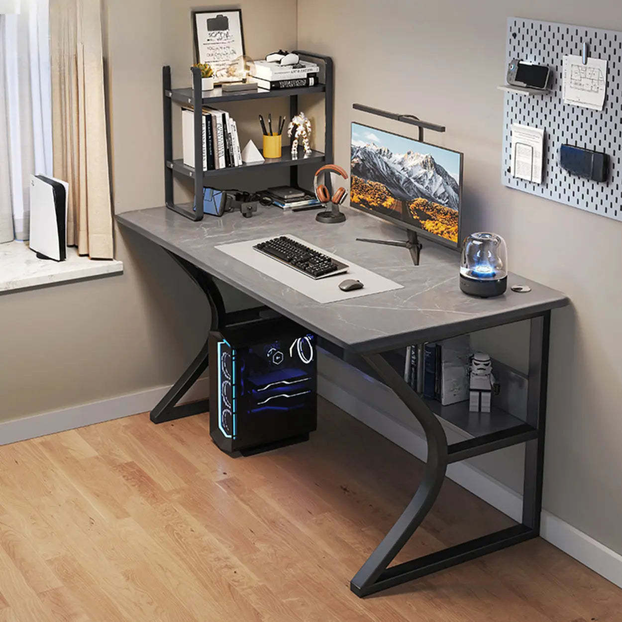 Black Wood Rectangular Computer Desk with Shelves — Grey / Table Only