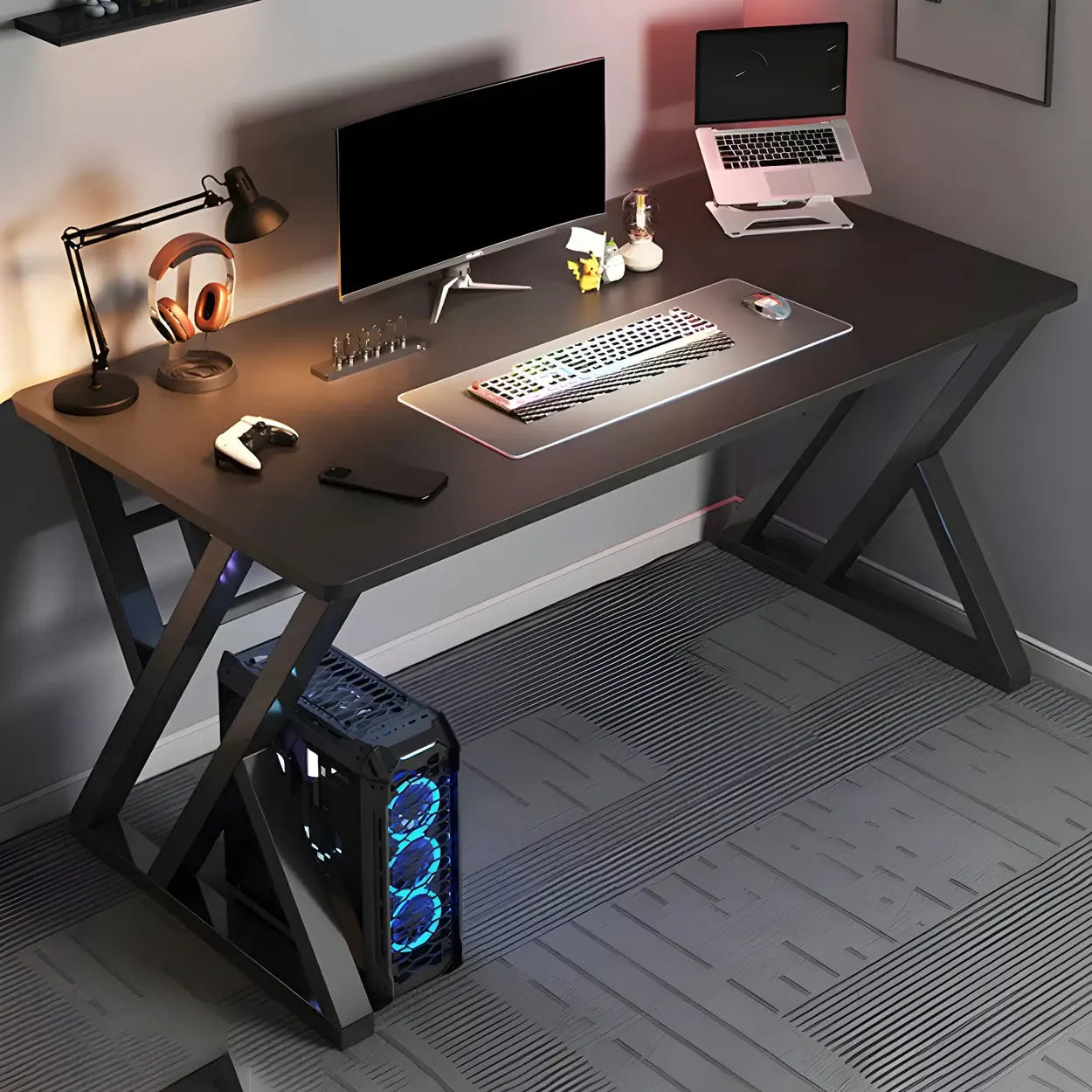 Rectangular Wood Computer Desk with Steel Base — Black / Without Chairs