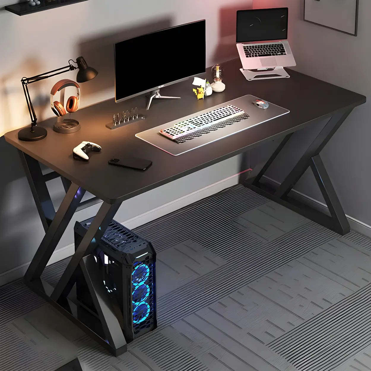 Rectangular Wood Computer Desk with Steel Base — Black / Without Chairs
