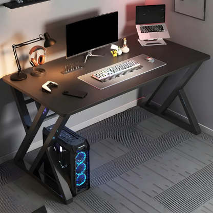 Rectangular Wood Computer Desk with Steel Base — Black / Without Chairs