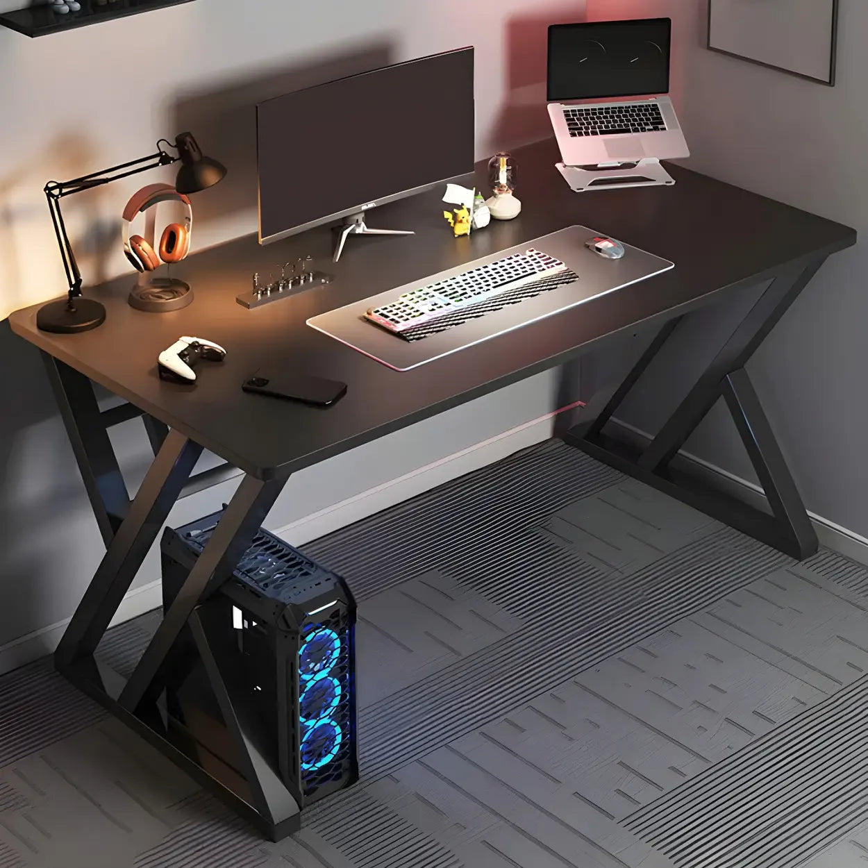 Rectangular Wood Computer Desk with Steel Base — Grey / Without Chairs