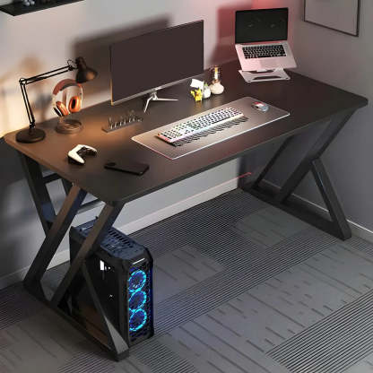 Rectangular Wood Computer Desk with Steel Base — Grey / Without Chairs