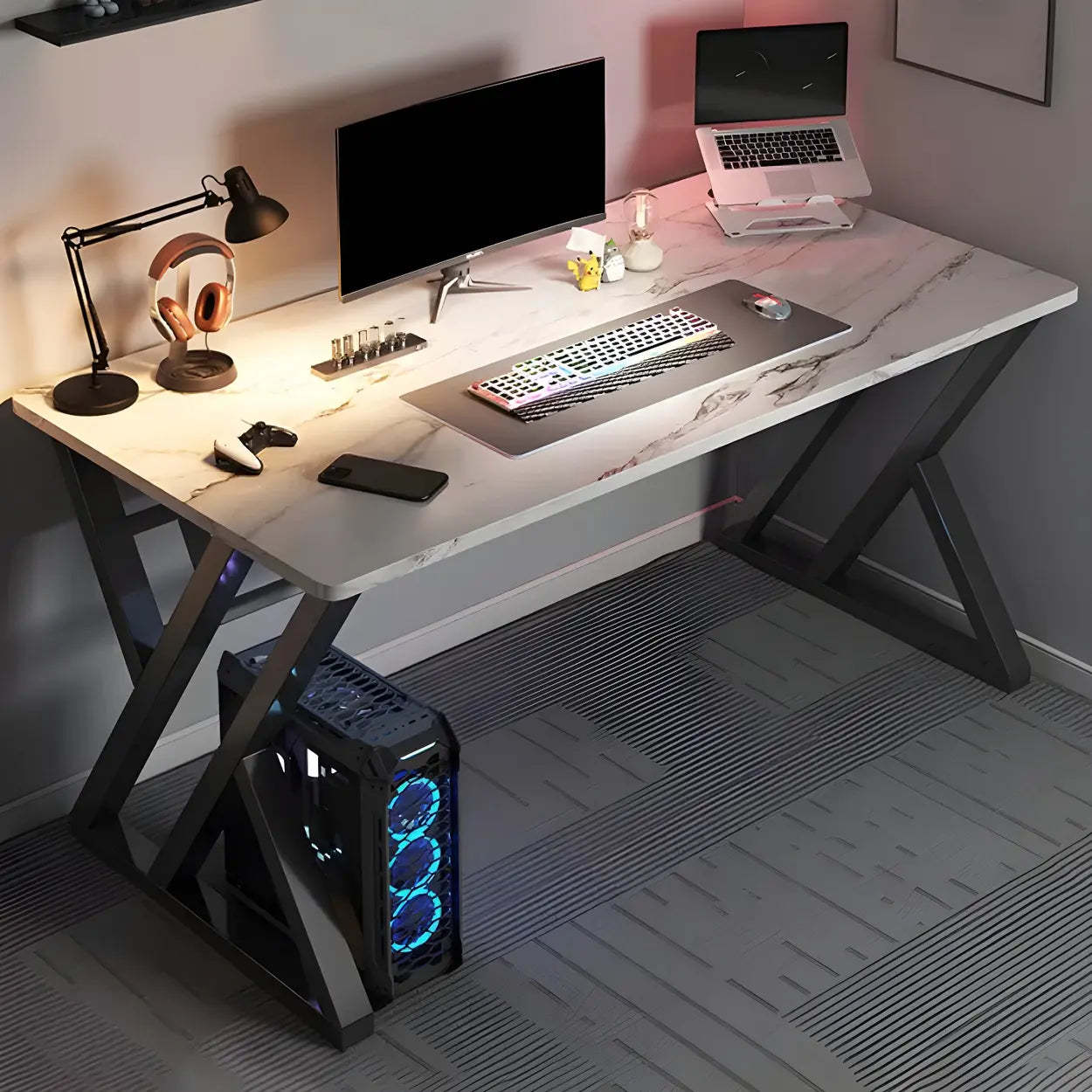 Rectangular Wood Computer Desk with Steel Base — Black / Without Chairs