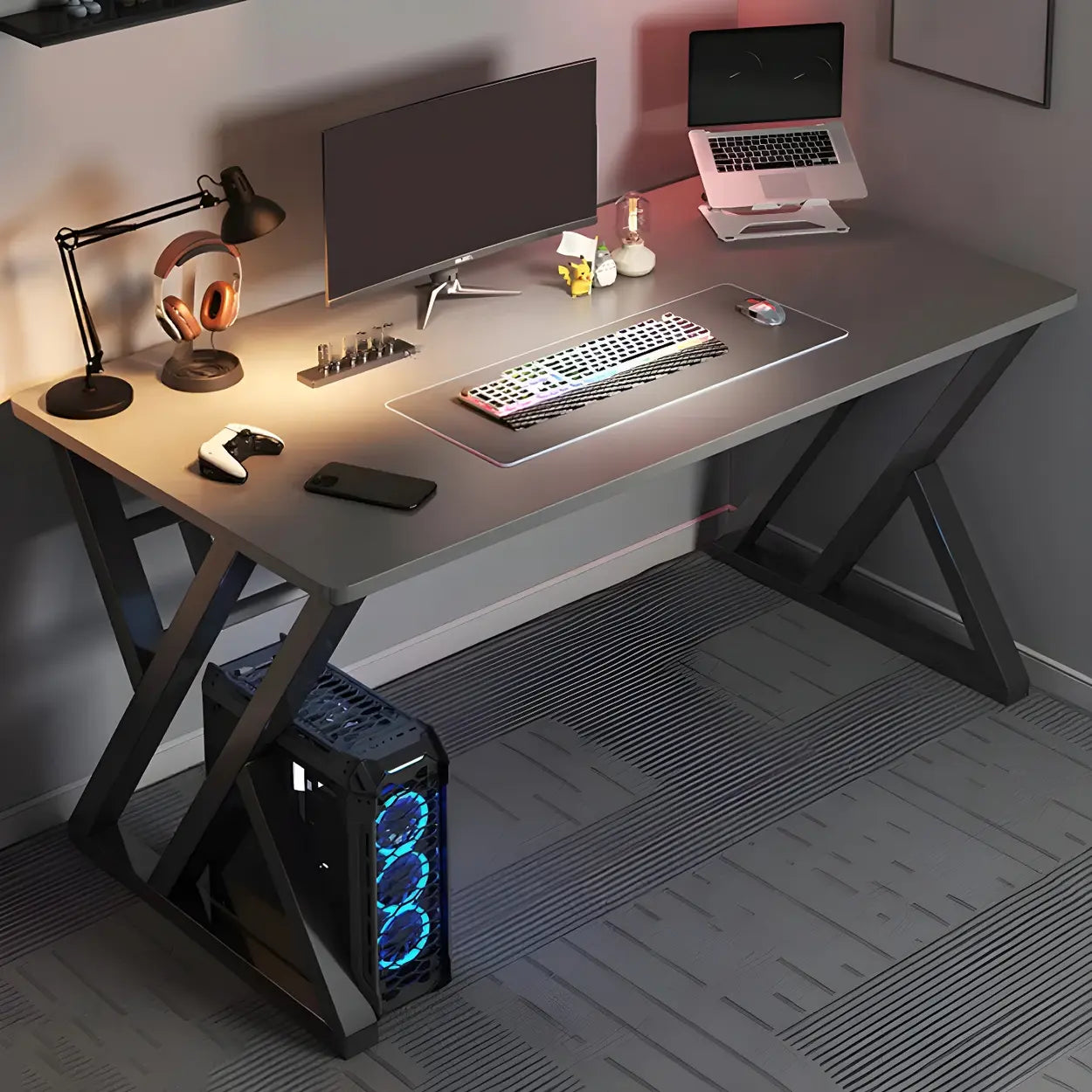 Rectangular Wood Computer Desk with Steel Base — Grey / Without Chairs