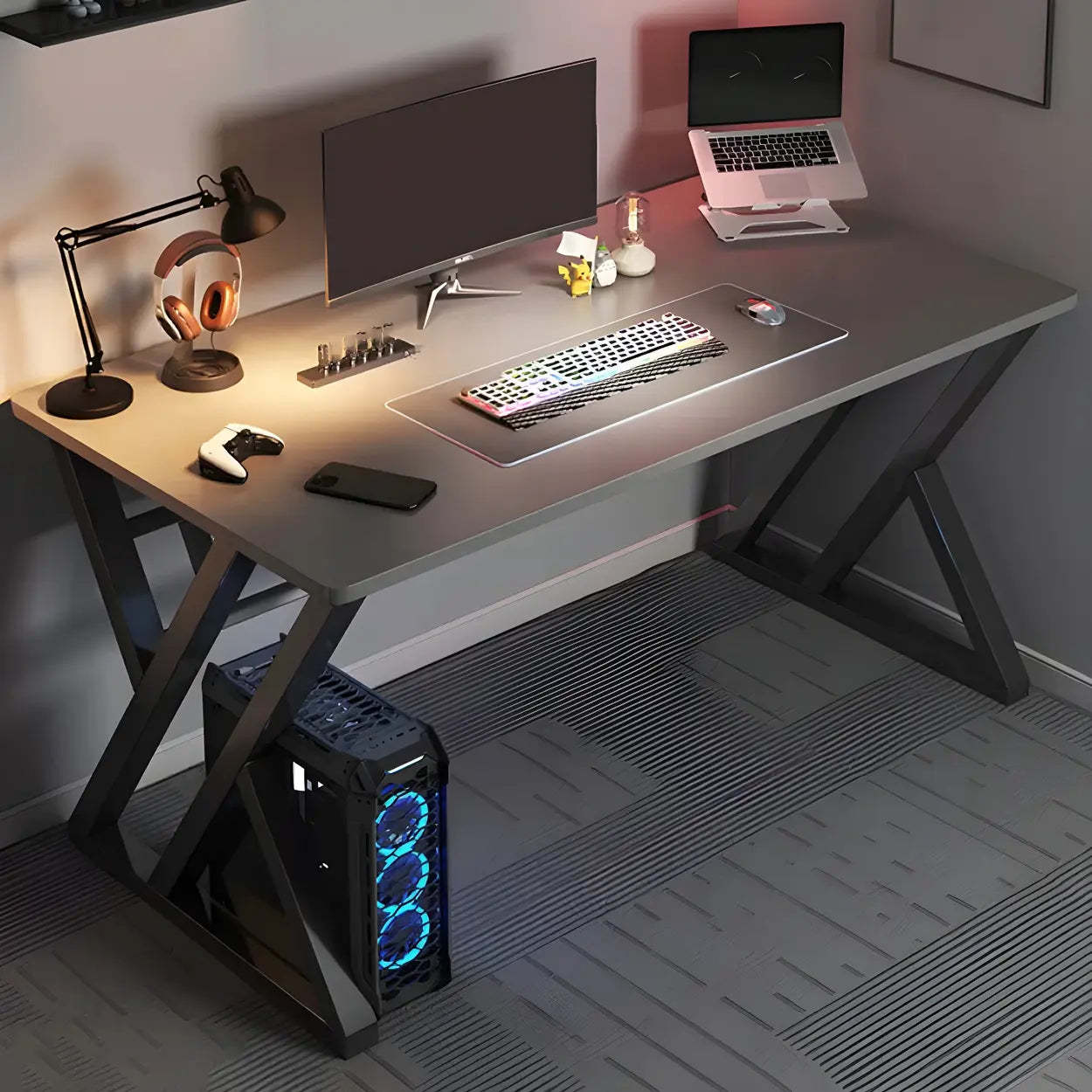 Rectangular Wood Computer Desk with Steel Base — Grey / Without Chairs
