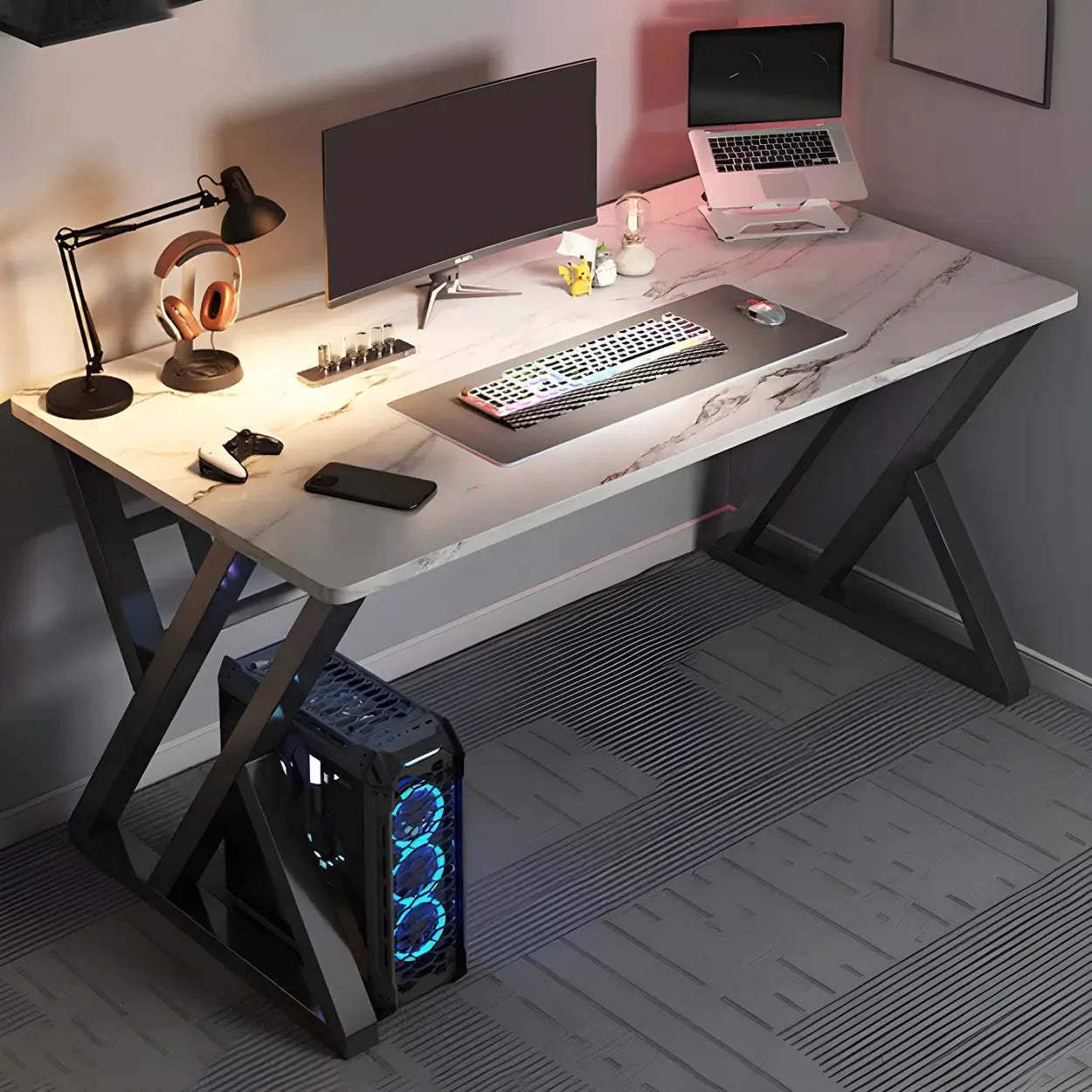 Rectangular Wood Computer Desk with Steel Base — Black / Without Chairs