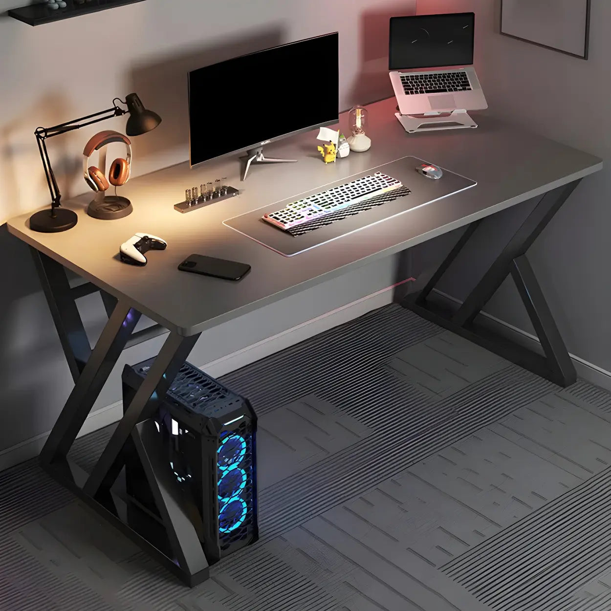Rectangular Wood Computer Desk with Steel Base — Black / Without Chairs