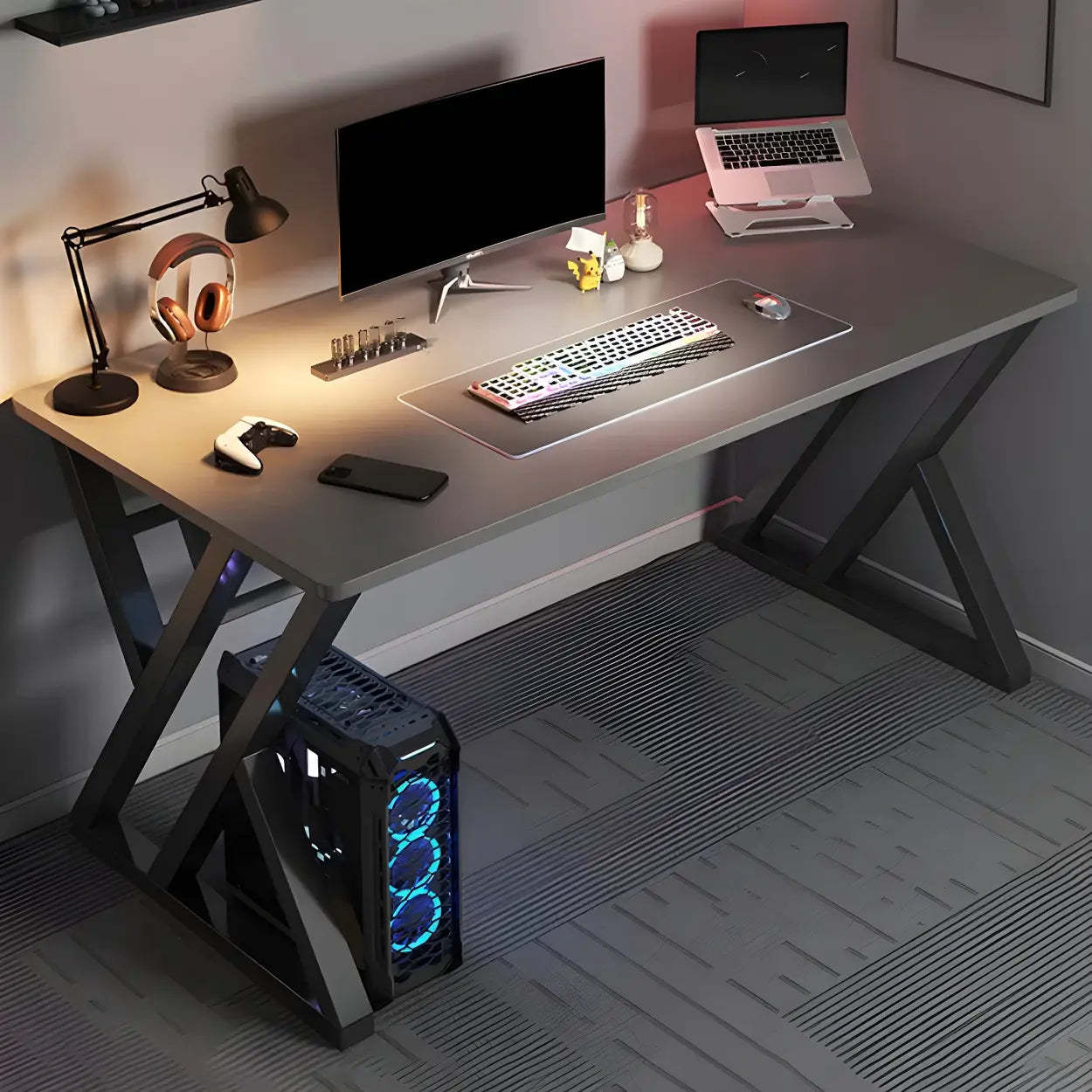 Rectangular Wood Computer Desk with Steel Base — Black / Without Chairs