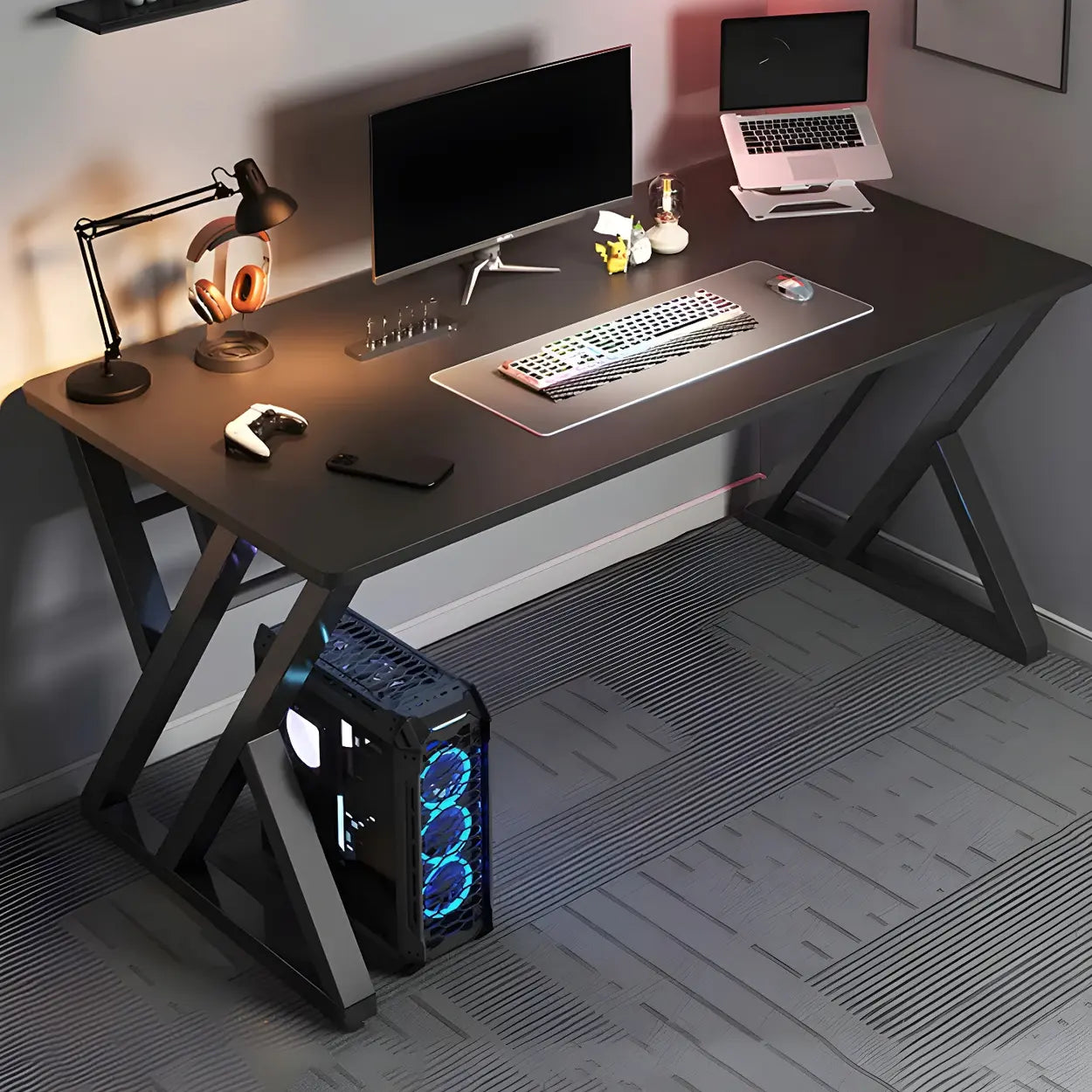 Rectangular Wood Computer Desk with Steel Base — Grey / Without Chairs