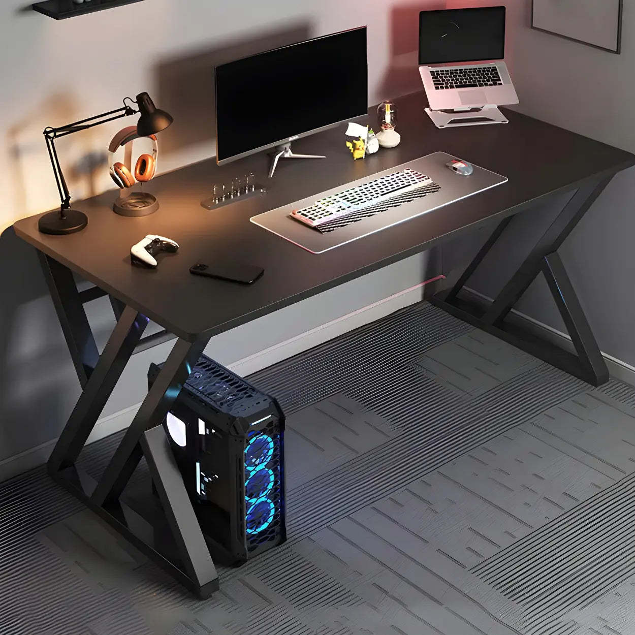 Rectangular Wood Computer Desk with Steel Base — Grey / Without Chairs