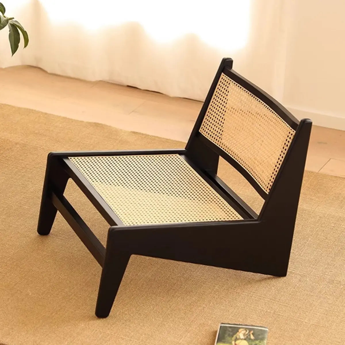 Black Woven-Back Wood Frame Armless Lounge Chair