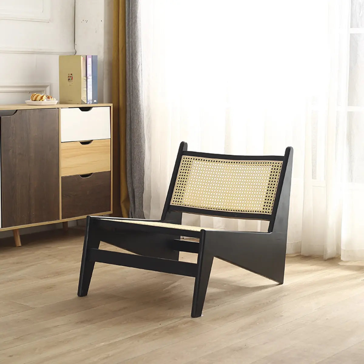 Black Woven-Back Wood Frame Armless Lounge Chair — Natural
