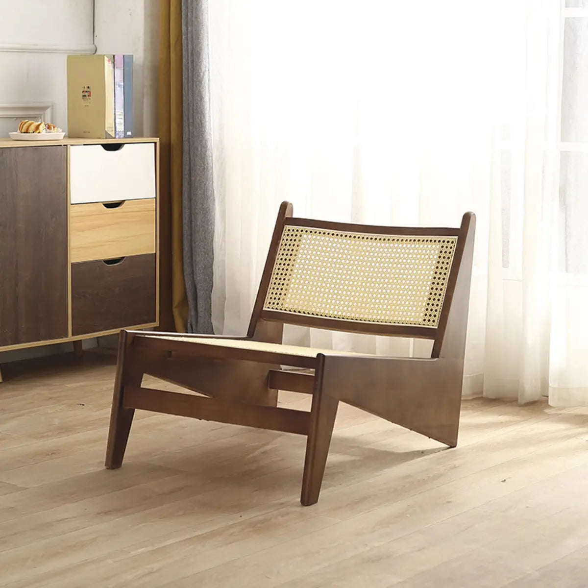 Black Woven-Back Wood Frame Armless Lounge Chair — Walnut