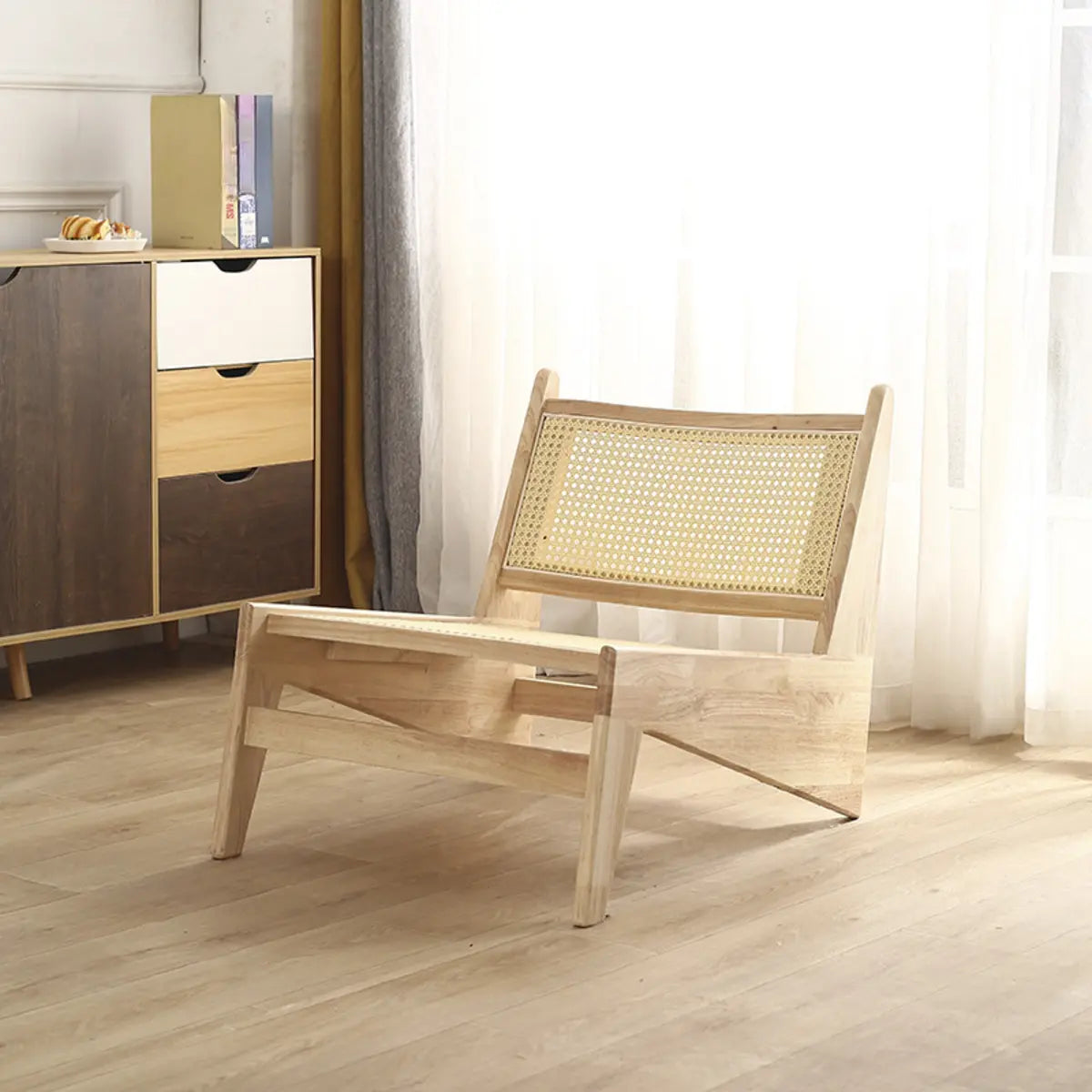 Black Woven-Back Wood Frame Armless Lounge Chair