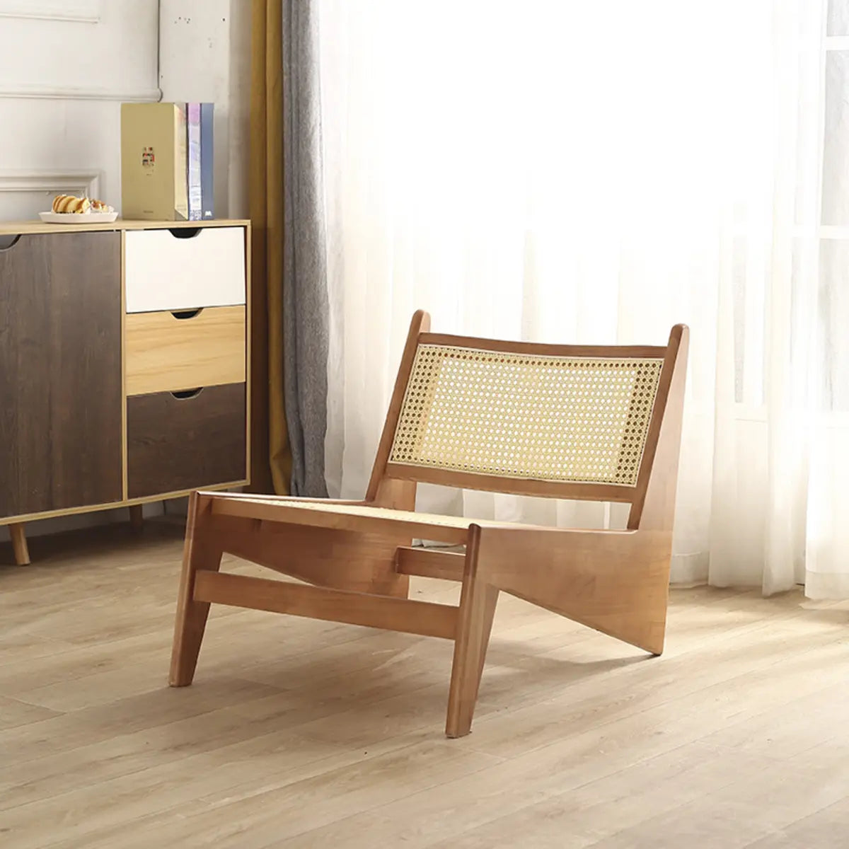 Black Woven-Back Wood Frame Armless Lounge Chair