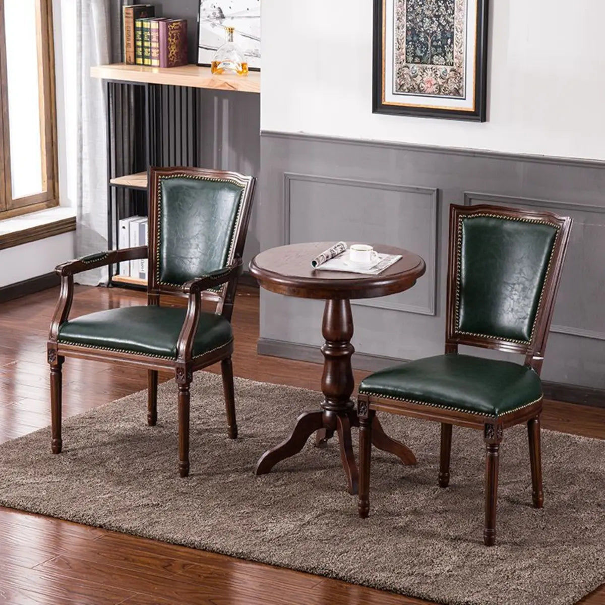 Blackish Green Nailhead Leather Arm Dining Chair