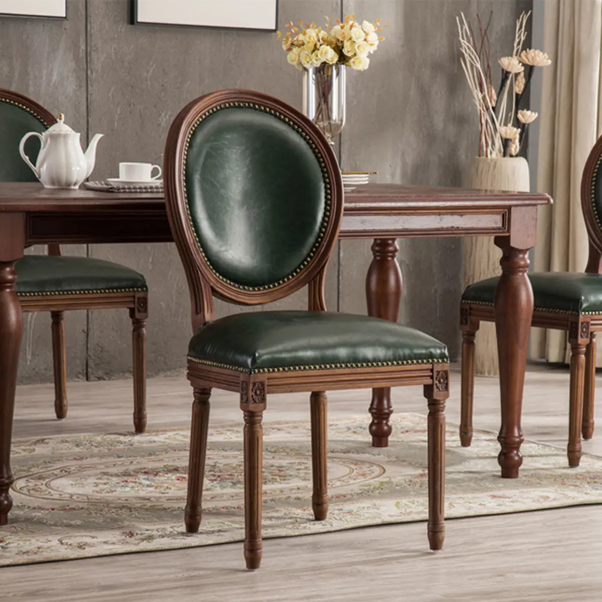 Blackish Green Nailhead Leather Arm Dining Chair — Armless / Dark Brown