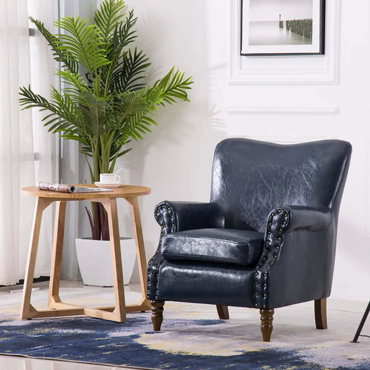 Blackish Green Oiled Leather Flared-Arm Lounge Chair — Yellow / Cotton and Linen