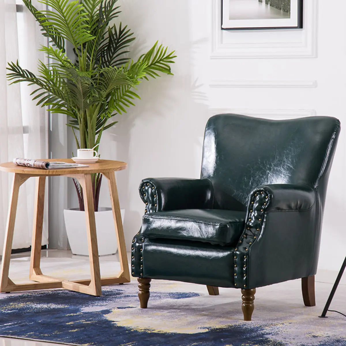 Blackish Green Oiled Leather Flared-Arm Lounge Chair — Yellow / Oiled Leather